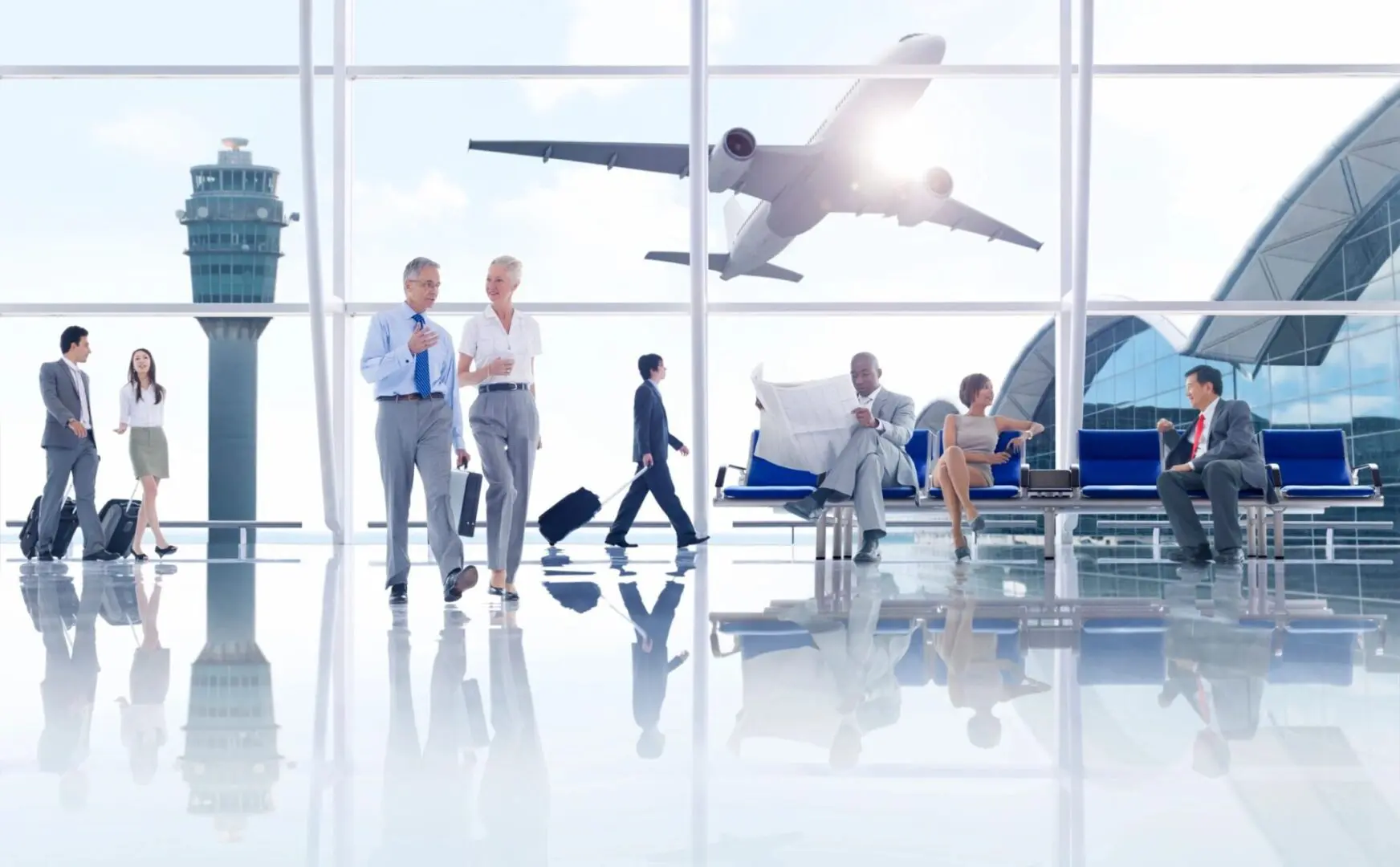 Corporate travelers at an airport terminal with a plane taking off, ideal for luxury limo service and executive travel.