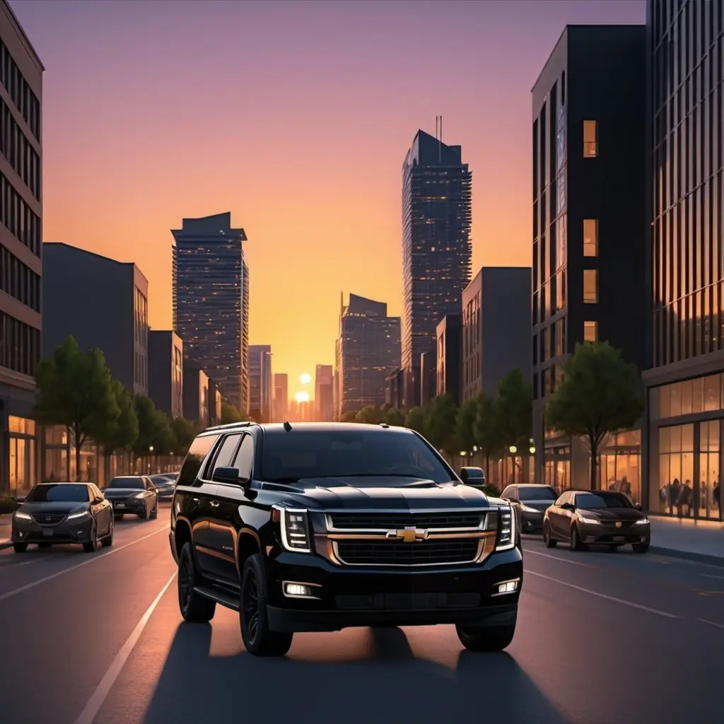 A luxury limo driving with the sunset in the background, symbolizing a successful journey achieved through strategic, trustworthy affiliate partnerships.