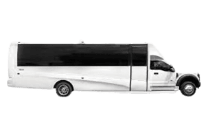 A white bus with black windows is parked.