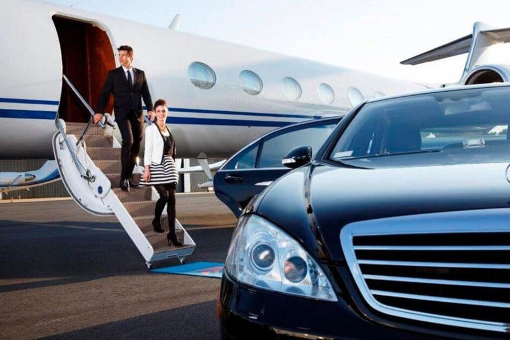  A business traveler entering a limo at an airport, showcasing consistent service quality across different cities.