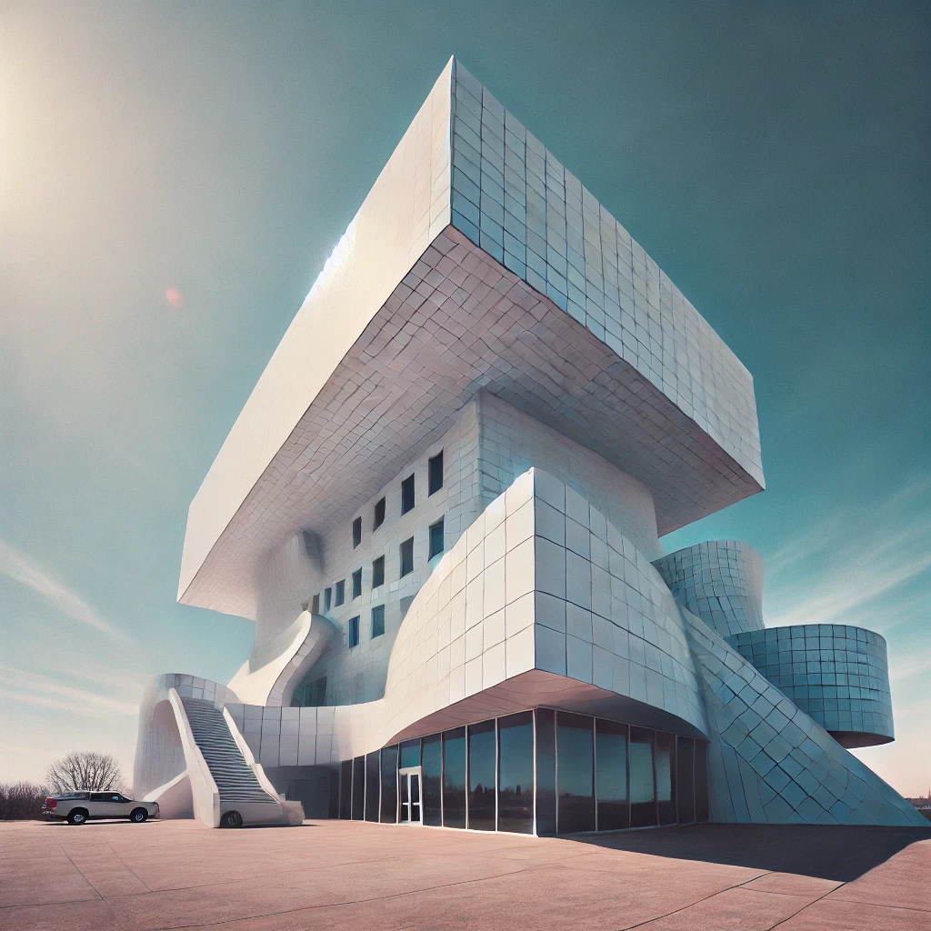 Modern white building with unique architecture, exterior of Paisley Park in Minnesota.