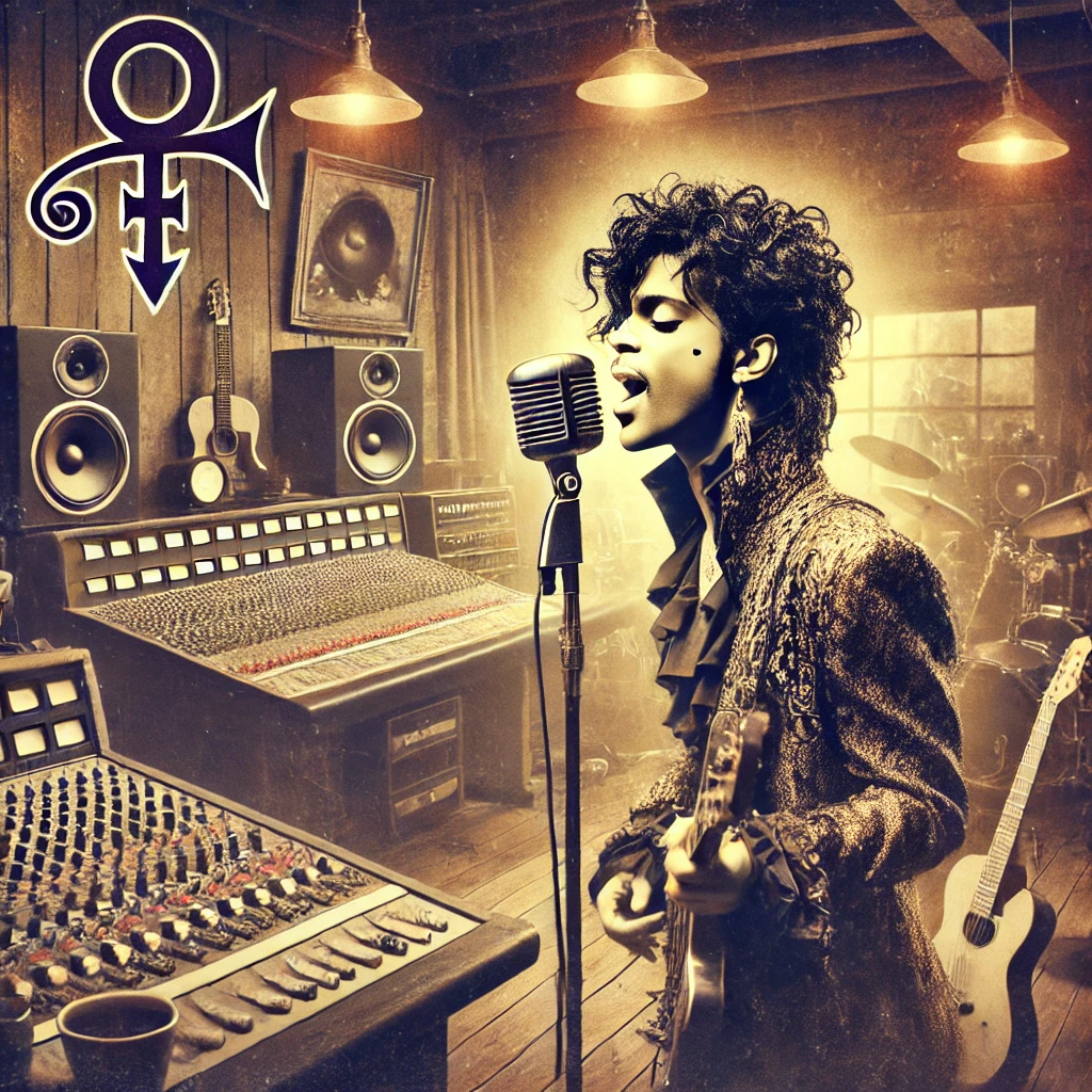 Prince performing energetically in his personal studio, surrounded by instruments and equipment.