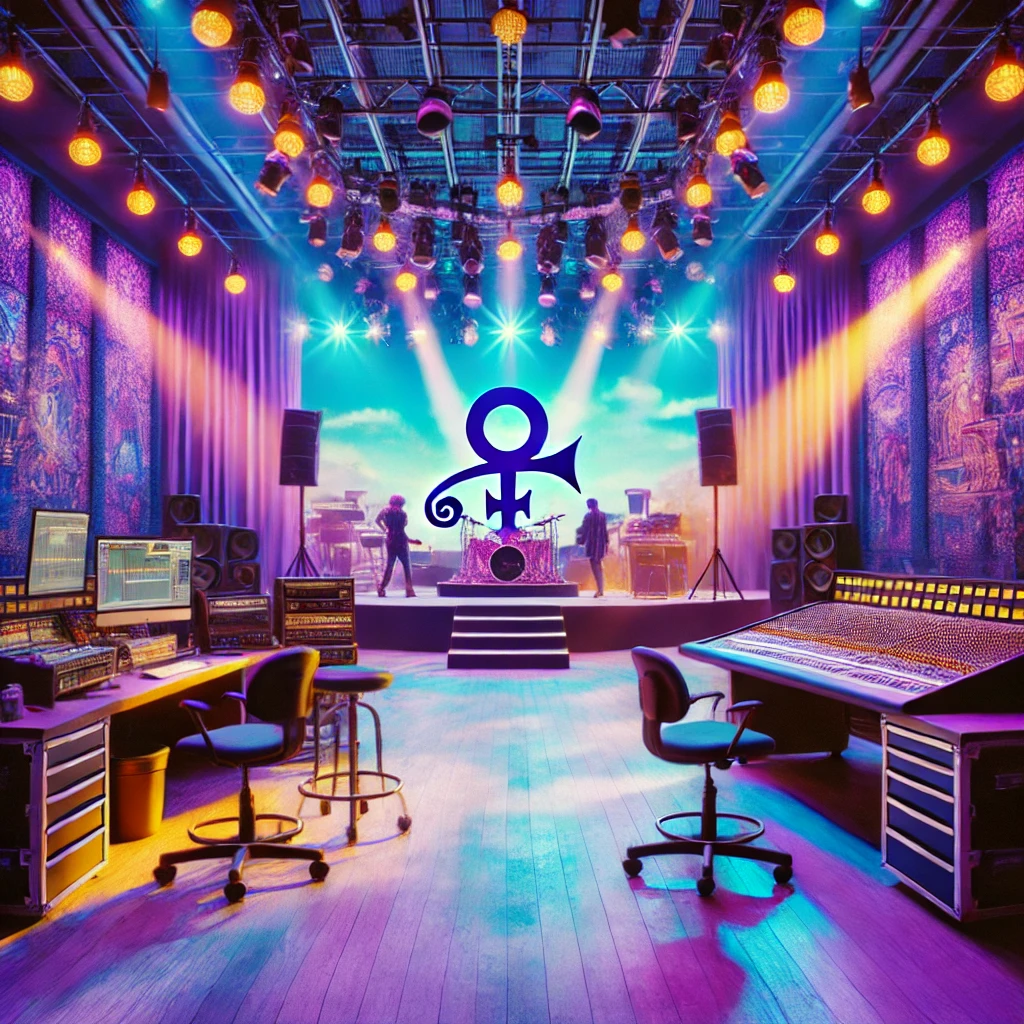 Large soundstage with stage lights and musical equipment, set up for an intimate concert.