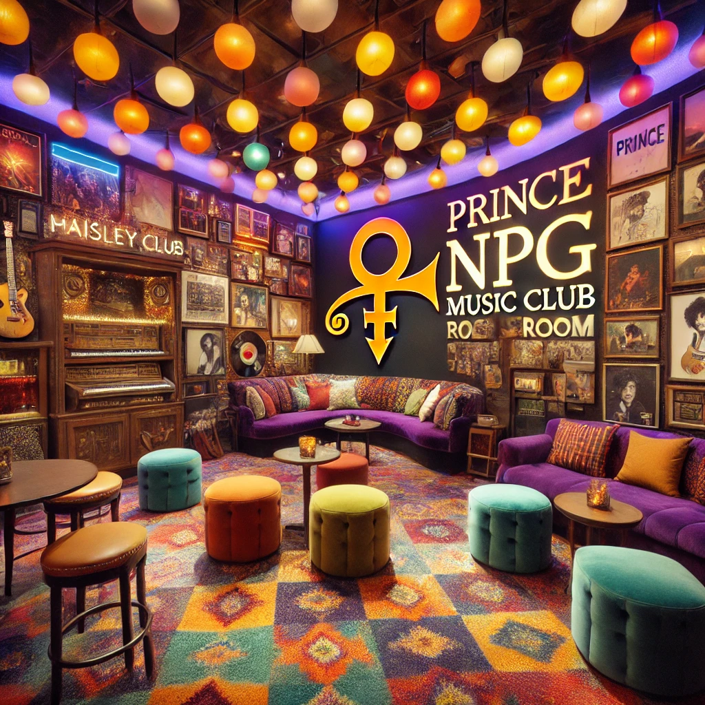 Cozy club room featuring memorabilia and decor from Prince’s career, creating a private concert vibe.