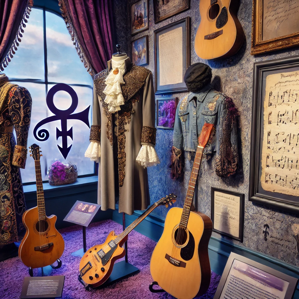 Display of iconic costumes, guitars, and handwritten lyrics from Prince's career.