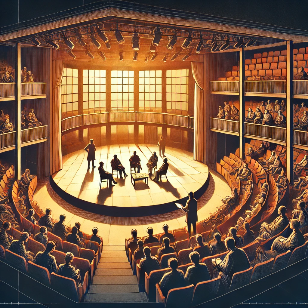 Illustration of the thrust stage interior of the original Guthrie Theater, showing audience seating on three sides and actors performing.