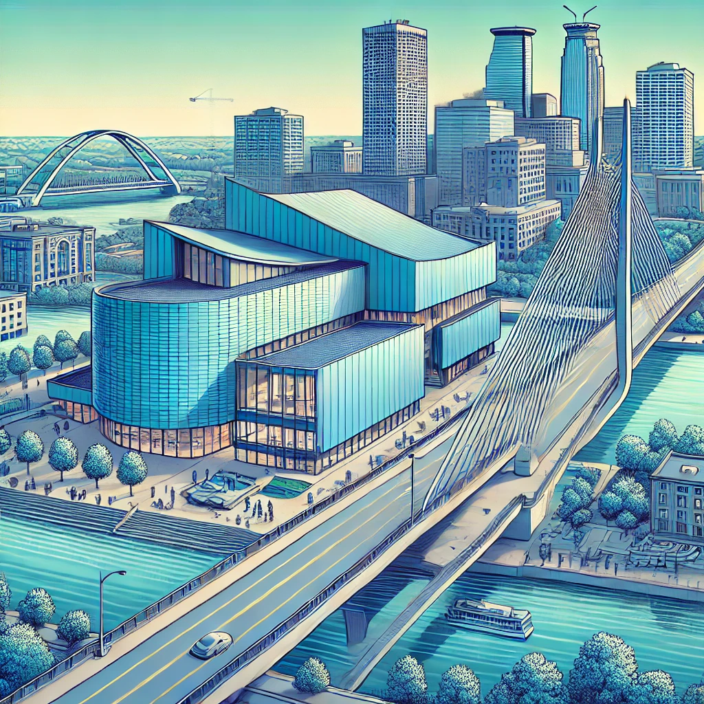 Illustration of the modern Guthrie Theater designed by Jean Nouvel, featuring its blue exterior and the Endless Bridge with the Minneapolis skyline in the background.