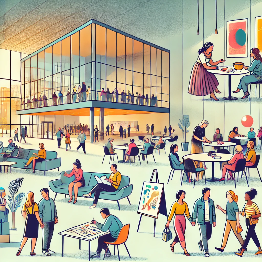 Illustration of a community engagement event at the Guthrie Theater, featuring people interacting and participating in workshops inside the modern building.