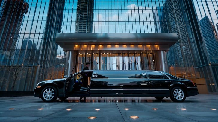 A luxury black limo parked outside a high-end venue, representing the elegance and service expected in the industry.